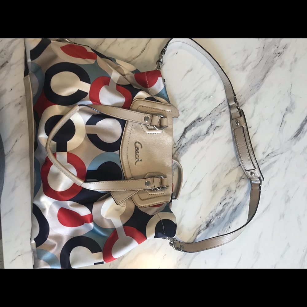 Coach Multicolor Circle Print Shoulder Bag with Cream Leather Trim